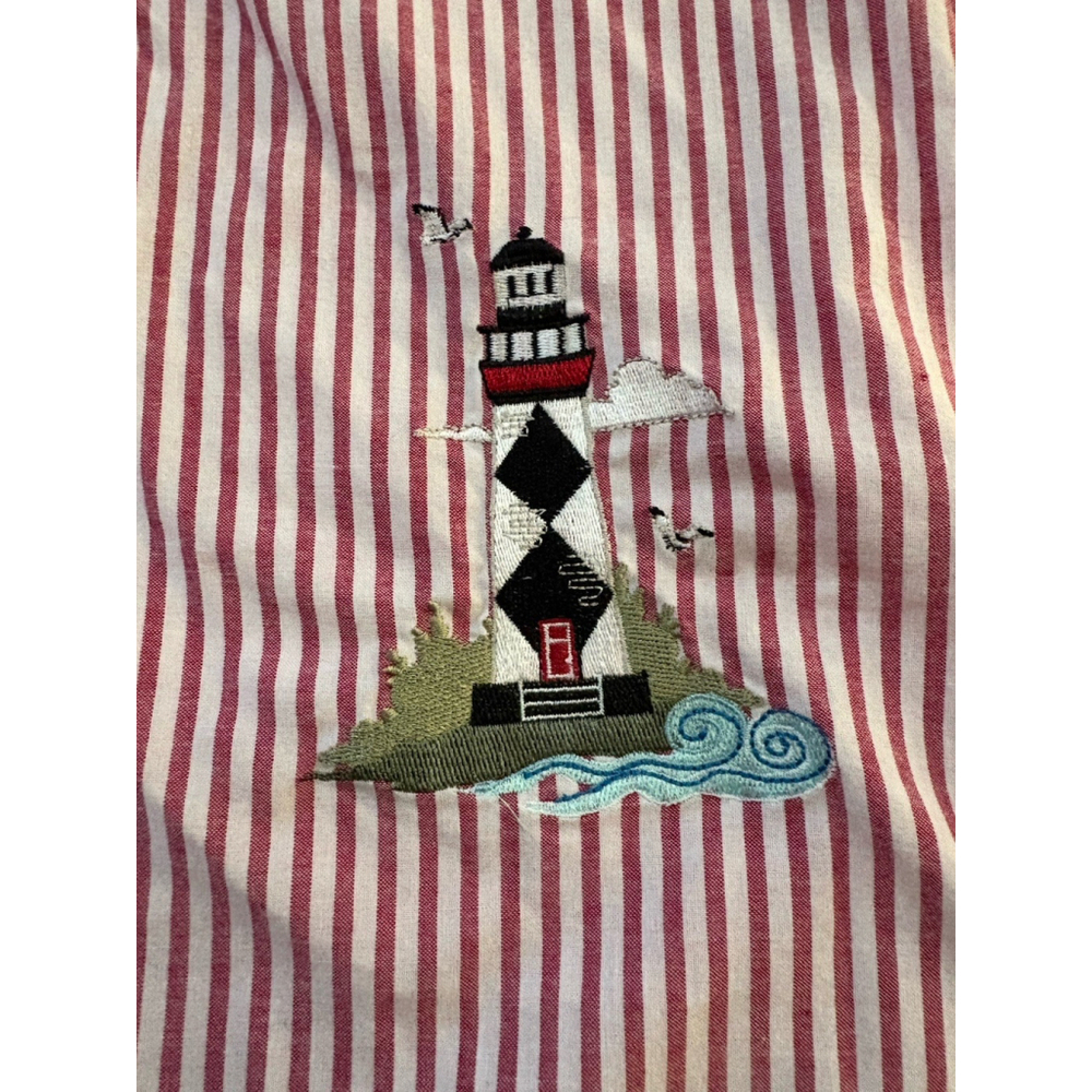 Vintage Coastal Grandma Embroidered Lighthouse Button Up Shirt Nautical Stripes - Picture 6 of 8